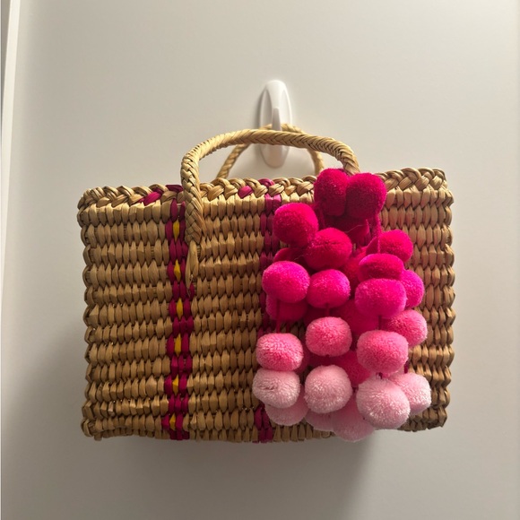 NANNACAY Maldives Baby Pompom Embellished
Woven Raffia Tote Handle Basket Bag - Picture 8 of 9